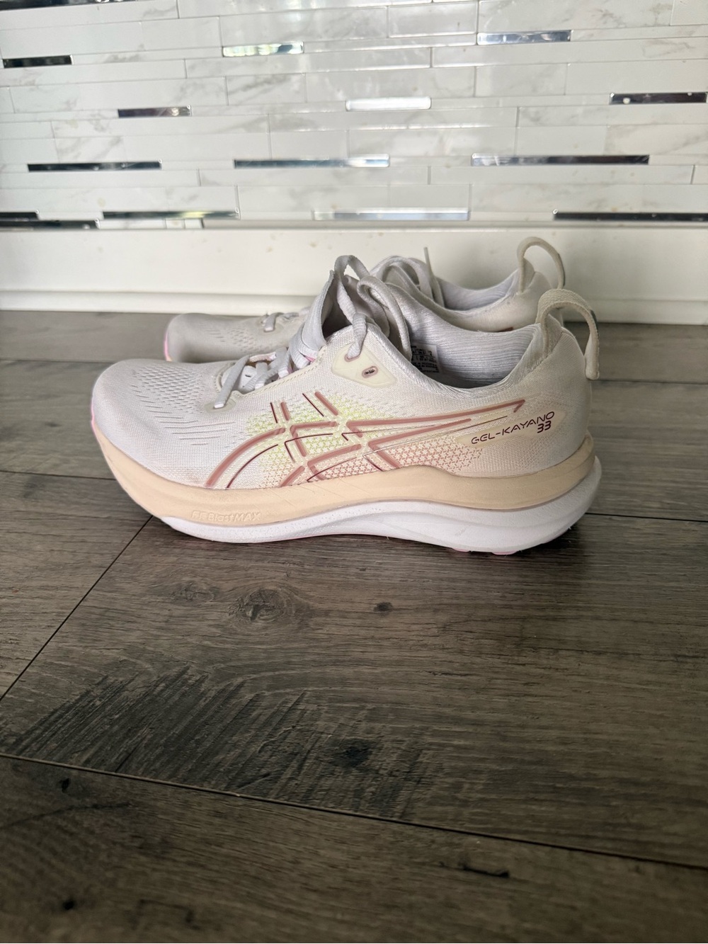 ASICS Women's GEL-Kayano 33 Running Shoes - White with Light Pink Accents